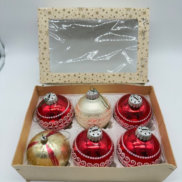 Vintage West Germany Mercury Glass Christmas Ornaments Set Of 6 Red Gold White - Picture 1 of 16